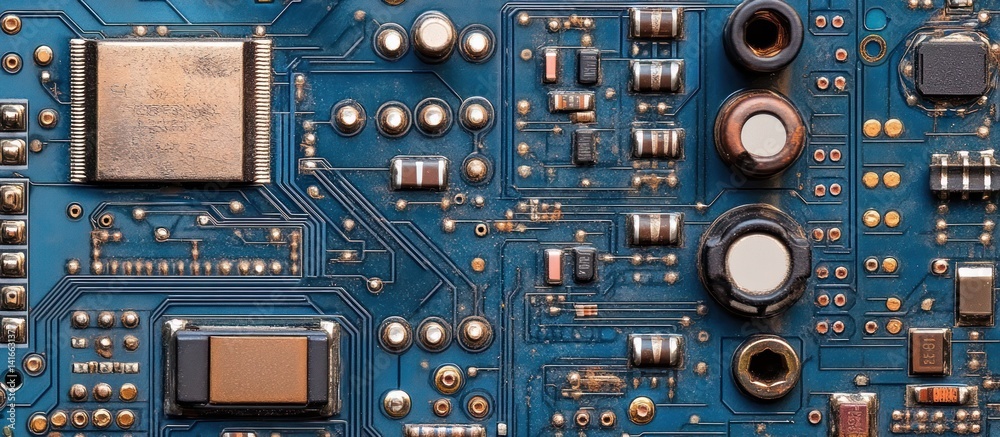 Poster an abstract close-up capturing the intricate network of a vintage turquoise circuit board showcasing