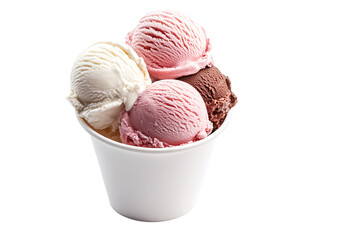 A delightful trio of vanilla, strawberry, and chocolate ice cream scoops in a pristine white cup, promising a sweet and refreshing treat on a hot summer day.