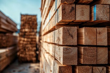 Stacked timber planks with square cross-sections in a lumberyard