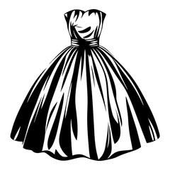 Elegant black and white illustration of a strapless vintage dress with full skirt