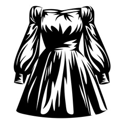 Elegant Long Sleeved Dress Illustration with Flowing Skirt in Black and White