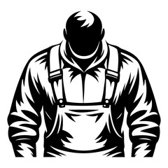 Monochromatic depiction of a burly figure wearing overalls, stylized in vector art