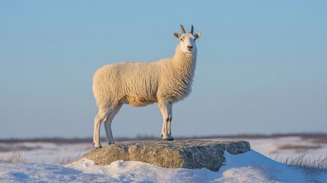 Solitary bighorn sheep portrait in winter landscapestanding majestically amidst the snow-covered terrain and a clear blue sky showcasing animal adaptation