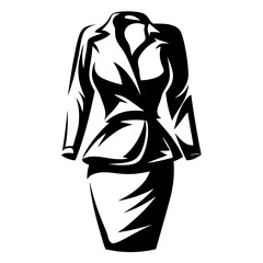 Black and white graphic illustration of a woman's suit ensemble