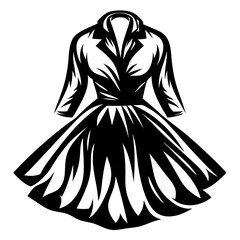 Bold black and white illustration of a stylish vintage dress design