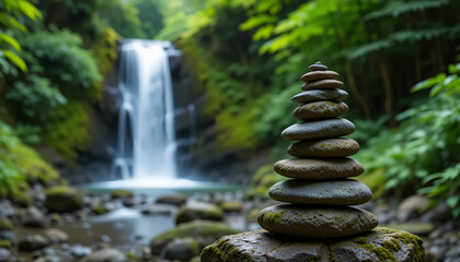 Serene Stone Stack Against Blurred Waterfall