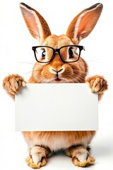 A rabbit wearing glasses holding a blank sign