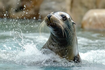 Obraz premium A playful sea lion splashing water with its flippers, its eyes twinkling with joy