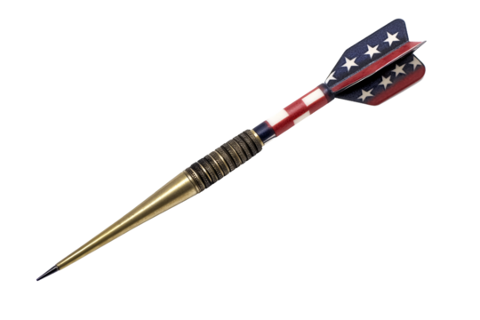 A patriotic dart, sharp and pointed, adorned with an American flag design, ready to strike its target with precision and accuracy against a clean white background.