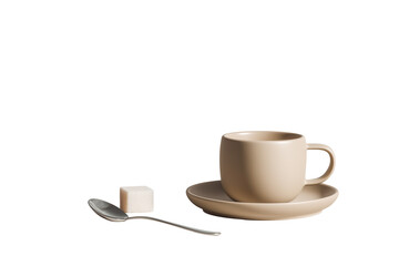 Beigefarbene Kaffeetasse mit Untertasse, Löffel und Zuckerwürfel PNG mit transparentem Hintergrund

