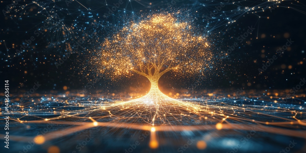 Poster digital tree of life with glowing connections and network patterns in dark background
