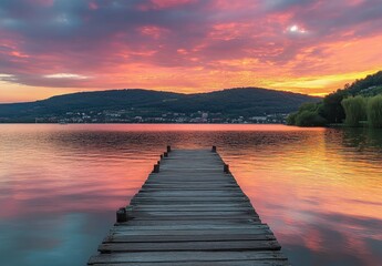 Obraz premium Serene Sunset Reflection on a Tranquil Lake with Wooden Pier Under Dramatic Sky and Colorful Clouds at Dusk