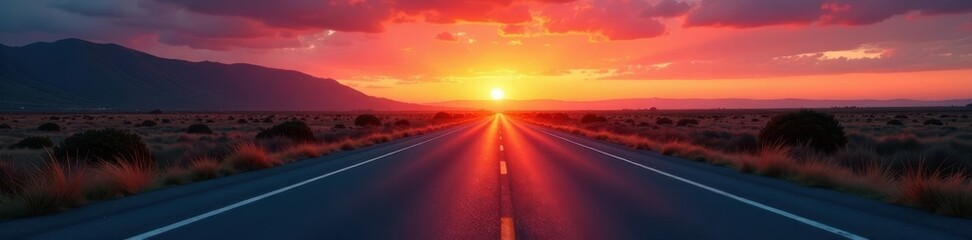 Empty highway stretches towards vibrant sunrise, time lapse effect, texture, countdown