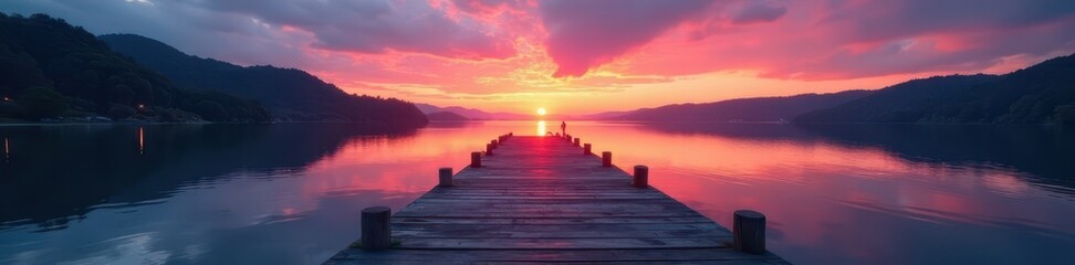 Obraz premium Empty pier extends into still river at dusk, vibrant sunset hues , stillness, pink, quiet