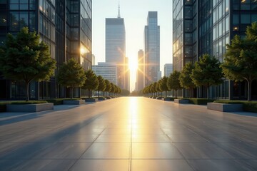 Empty plaza, sun rises over glass towers; clean lines & shadows , dawn, skyscrapers