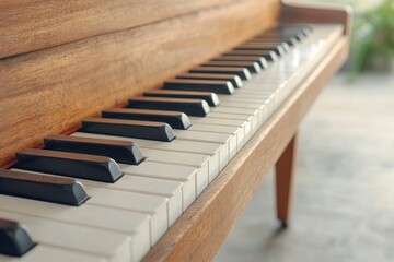 Elegant wooden piano keys highlighted in natural light with soft shadows creating a serene atmosphere