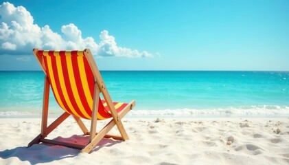 Empty striped beach chair facing ocean, cloudless sky , escape, landscape