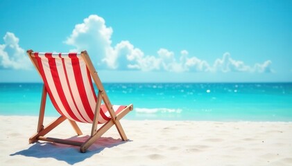 Empty striped beach chair facing ocean, cloudless sky , holiday, peaceful, blue sky