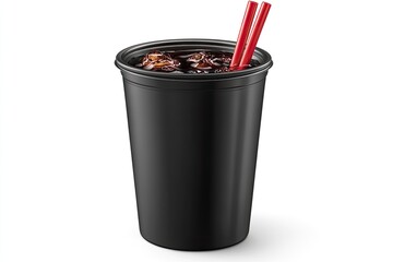 Refreshing black cup filled with ice and cola, two red straws