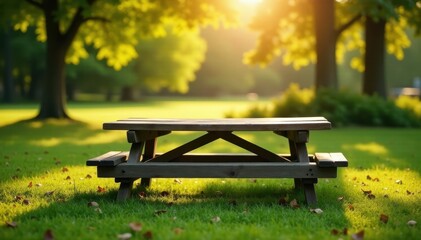 Naklejka premium Empty weathered picnic table in a sunny setting, copy space, illustration, vintage
