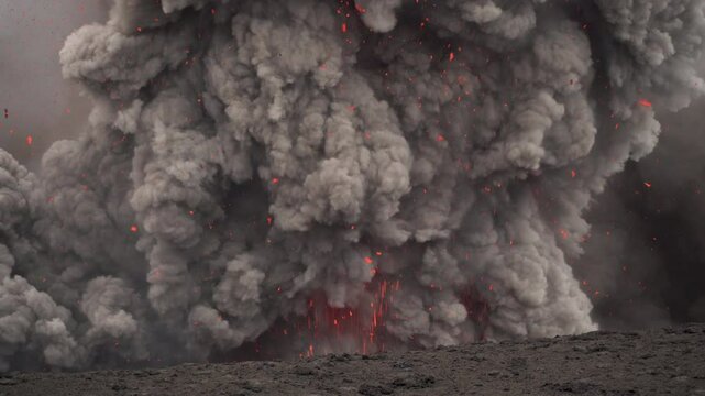 Powerful volcanic eruption captured in full force, with blazing lava, glowing fire, and thick clouds of ash billowing into the atmosphere. A stunning display of nature’s raw power and destructive.
