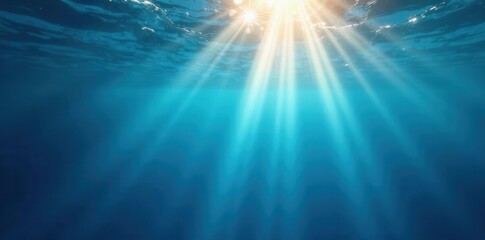 Fototapeta premium Ethereal blue depths, sunbeams, rising bubbles, smooth, tranquil, ocean