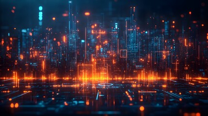 Obraz premium Futuristic cityscape rendered with glowing, digital lines.