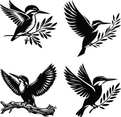 Four Black and White Kingfisher Bird Illustrations with Branches