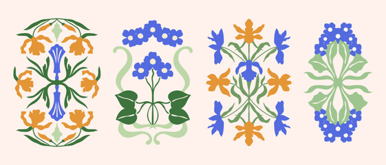 Art Nouveau style floral vector illustrations set. Vintage abstract florals and plants whimsical symmetric compositions