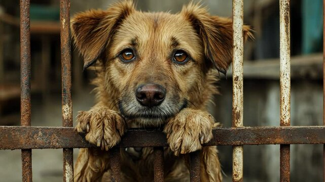 Sad dog behind rusty bars in animal shelter
