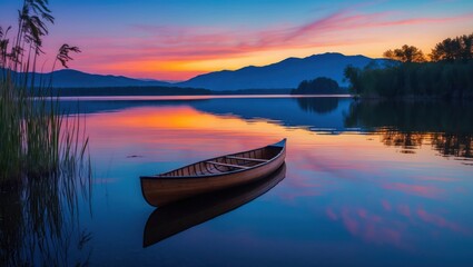 Canoe on Calm Lake Reflecting Colorful Sunset with Distant Mountains