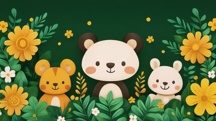 Fototapeta premium Delightful pixel art illustration featuring a trio of adorable animals amidst lush floral foliage evoking childlike whimsy and charming naivete for crafting and design