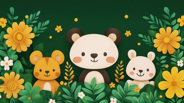 Delightful pixel art illustration featuring a trio of adorable animals amidst lush floral foliage evoking childlike whimsy and charming naivete for crafting and design