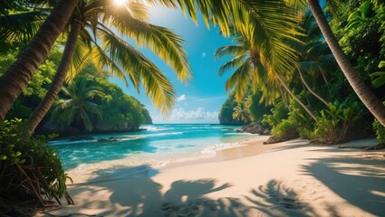 Fototapeta premium Tropical Beach with Palm Trees and Turquoise Water Paradise Getaway