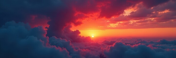 Fototapeta premium Fiery sunset hues paint dramatic cloudscape, moody landscape below , twilight, fiery, serene