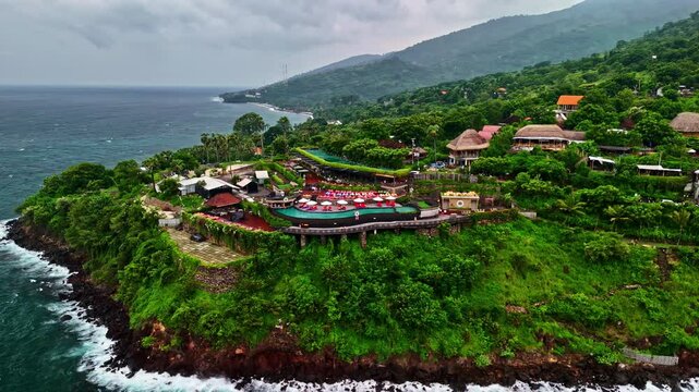 Sunset Point Amed Bali Restaurant In Amed St, Bunutan, Abang, Karangasem Regency, Bali, Indonesia. Aerial Drone Shot