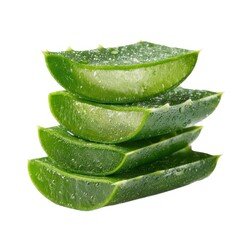 Aloe vera slices stacked neatly on white background