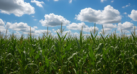 Obraz premium Lush Green Cornfield Under a Bright Blue Sky with Fluffy White Clouds in Summer