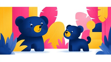 Fototapeta premium Adorable pixelated blue bear family among colorful floral elements creating a heartwarming and playful scene ideal for children's designs or whimsical projects