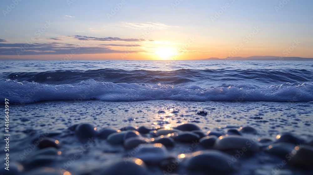 Aufkleber serene sunset over calm ocean waves with pebbles on shore creating peaceful seaside landscape : gene