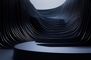 Abstract dark, wavy, 3D structure resembling a canyon or futuristic architecture with smooth curves and platforms