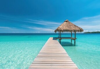 Tranquil beach scene with a wooden pier leading to a thatched roof gazebo over clear turquoise waters under a bright blue sky