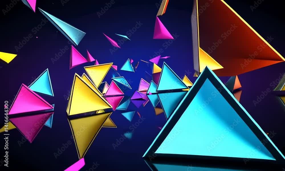 Wall mural dynamic abstract composition of vibrant, multicolored triangular shapes and prisms scattered across 