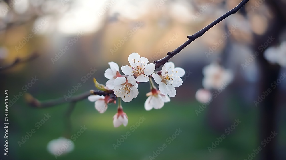 Poster delicate blossom of cherry flowers on a branch against a soft background : generative ai