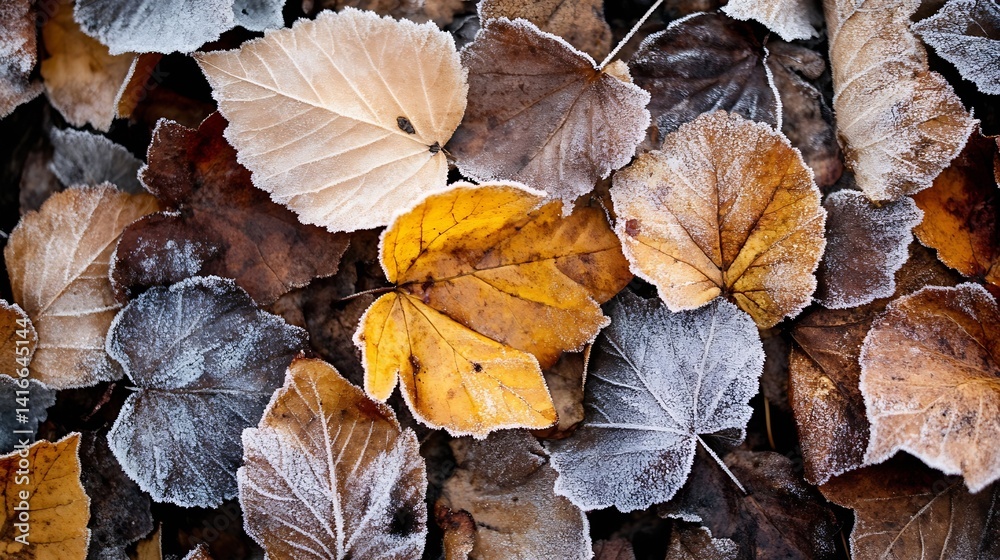 Aufkleber frozen autumn leaves covered in frost on the ground in a natural setting : generative ai