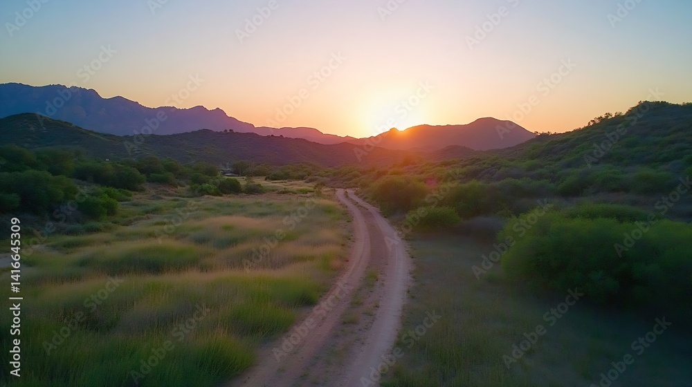 Poster idyllic desert path leading towards mountains under bright sunset : generative ai