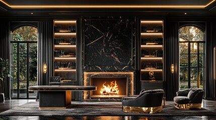 Luxurious, dark, opulent study with fireplace and marble accents