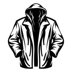 Stylized Black and White Illustration of a Hooded Figure in a Jacket
