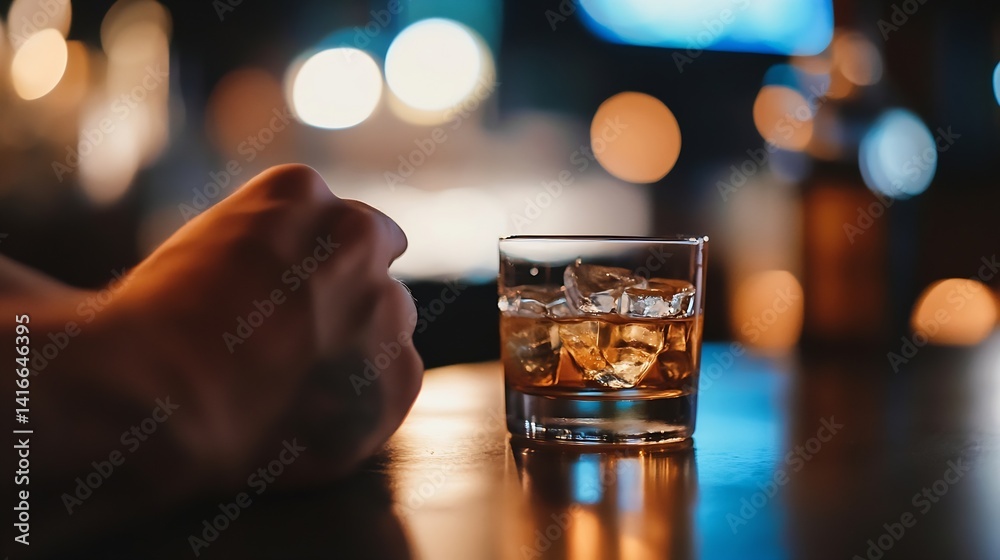 Poster Refreshing Whiskey Cocktail on Bar Counter with Blurred Background and Warm Atmosphere : Generative AI