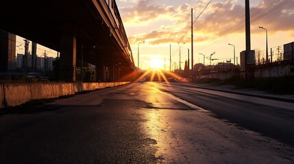 A breathtaking sunset view illuminating empty streets beneath an overpass with vibrant sky colors : Generative AI